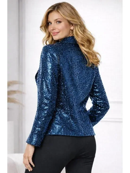 NWT Colleen Lopez Blue Sequin Moto Jacket Sparkly Evening Blazer Size 1X - Picture 2 of 4